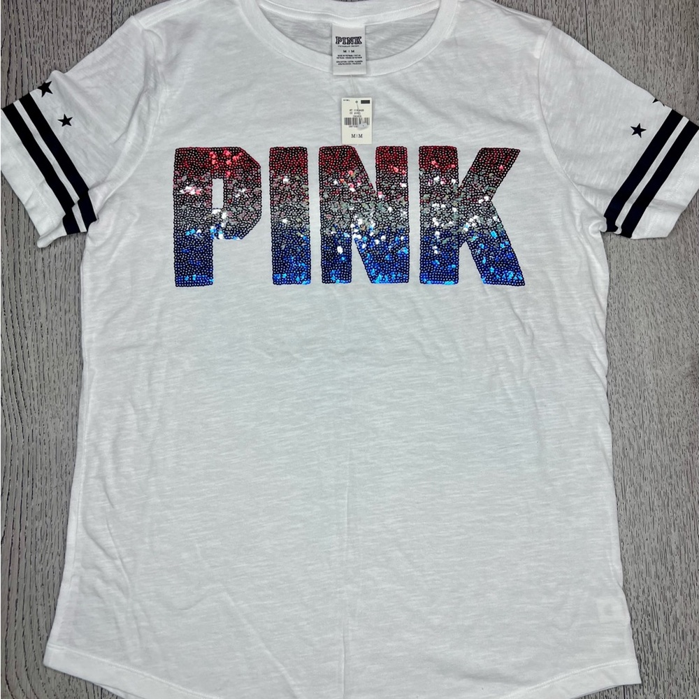 PINK Victoria's Secret White Tee with Red White & Blue Sequins